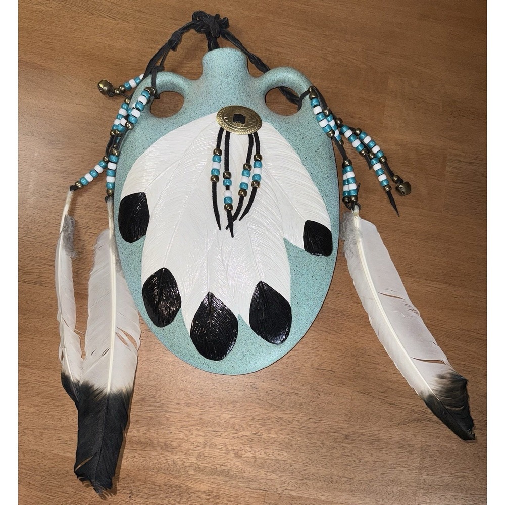 Native American Style Pottery Hanging Wall Pocket Vase Blue Feathers 14 Inch